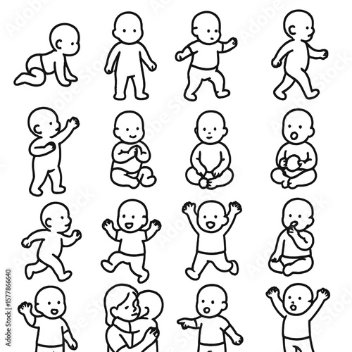 Toddler Motion Icons. Line style icons of toddlers in motion: crawling baby, baby standing, first steps, walking toddler, baby