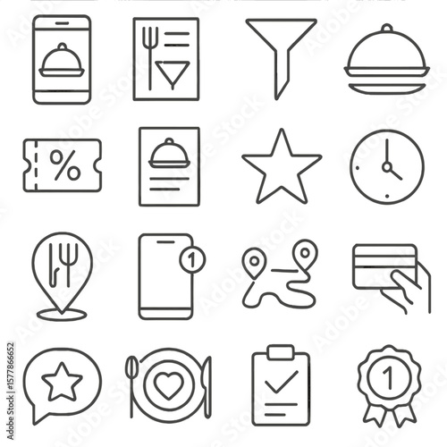 Online Food Icons. Line style icons of online food platforms: food app icon, restaurant list, filter option, cuisine icon, promo