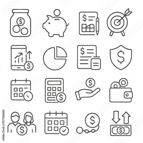 Personal Finance Icons. Line style icons of personal finance: savings jar, piggy bank, budgeting plan, financial goal, income