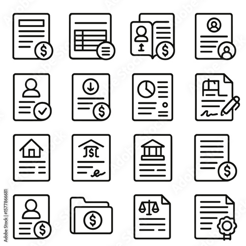 Financial Document Icons. Line style icons of financial documents: bank statement, checkbook register, passbook, KYC form, ID