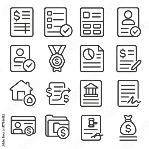 Financial Document Icons. Line style icons of financial documents: bank statement, checkbook register, passbook, KYC form, ID