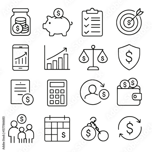 Personal Finance Icons. Line style icons of personal finance: savings jar, piggy bank, budgeting plan, financial goal, income