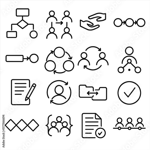 Team Workflow Icons. Line style icons of team workflow: flowchart, approval chain, handover icon, workflow step, project stage,