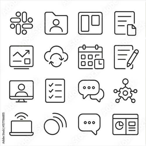 Collaboration Tools Icons. Line style icons of collaboration tools: Slack icon, shared folder, Trello board, Notion doc, online