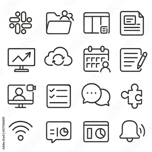 Collaboration Tools Icons. Line style icons of collaboration tools: Slack icon, shared folder, Trello board, Notion doc, online