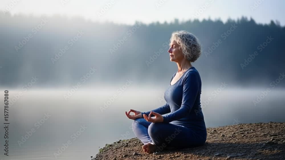 Peaceful woman practicing yoga and meditation by serene lake in nature for relaxation Peaceful woman practicing yoga and meditation by serene lake in nature for relaxation