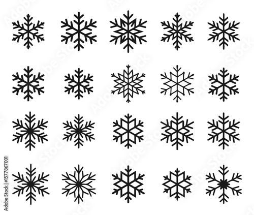 Snowflake vector icon set. Collection of black winter silhouette symbols isolated on white.