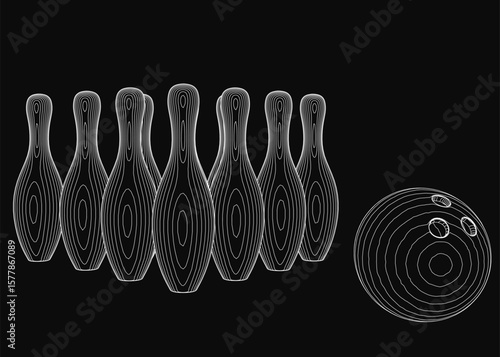 A black and white illustration captures a bowling ball smashing into pins, creating a dynamic and energetic scene. The pins are neatly aligned, with the ball striking the center.