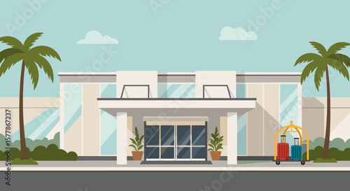 Summer hotel entrance with palm trees and luggage cart, flat vector style
