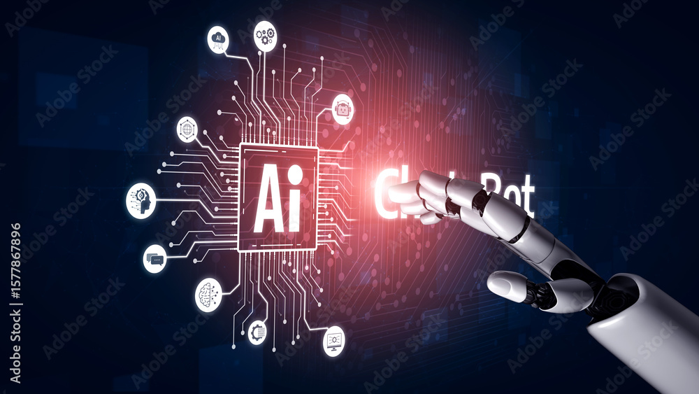 Fototapeta premium AI Virtual Assistant Artificial Intelligence Chatbot Controlled by Prompt Engineering for Explainable Generative AI information and LLM Deep Learning Technology for Smart Business Work Support. Vouch