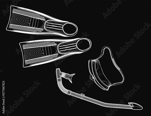 A black and white scuba mask and snorkel set outlined in white against a dark background, featuring detailed fins and clean minimalist design. The illustration highlights essential diving gear.