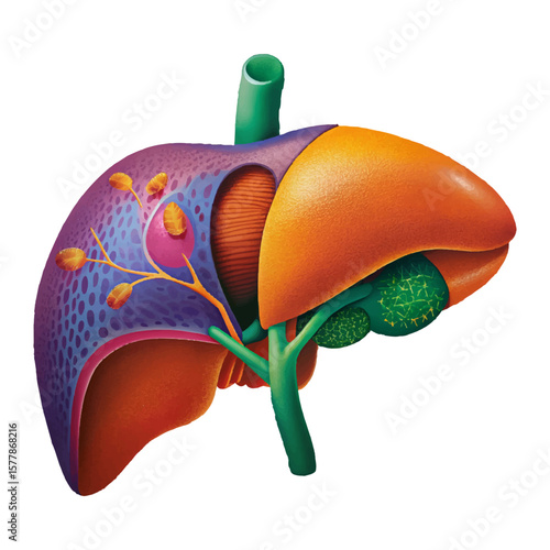 Detailed liver anatomy illustration showcasing gallbladder, hepatic duct, and vasculature on a soft pink background, conveying medical knowledge.
