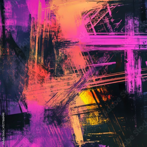 Metallic textures disrupted by erratic digital scribble marks in bold neon square edgy and isolated
