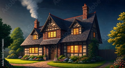 ): A cozy cottage with smoke rising from the chimn.jpg