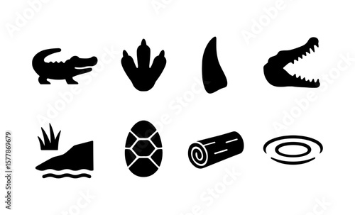 Crocodile silhouette icons set: nature and wildlife elements