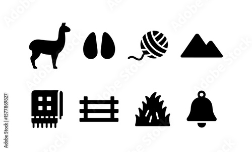 Silhouette icons of llama, yarn, and nature elements in black on white