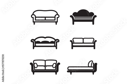 Collection of six stylized sofa and chaise lounge icons