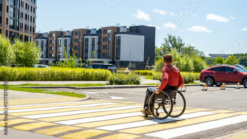 a person in a wheelchair crosses the road at a brightly colored crosswalk