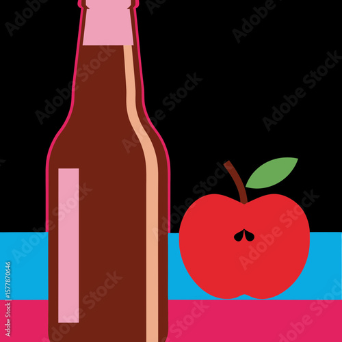  cider bottle with apple beverage in flat design on colorful background  