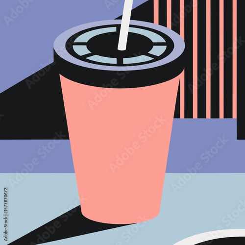 Graphic illustration of pink drink  reusable cup with straw on abstract background  