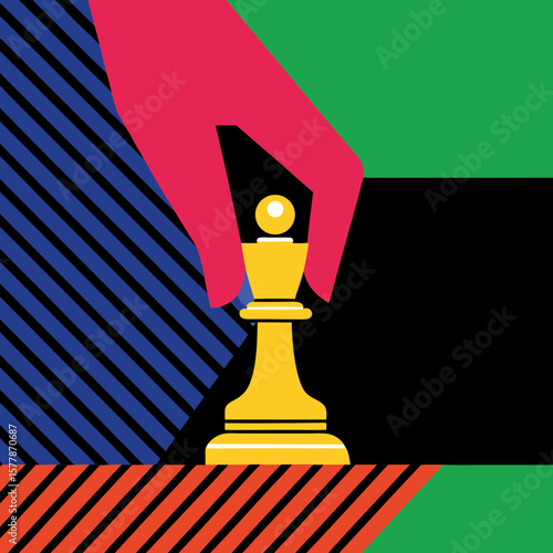 Hand moving yellow chess  pawn piece on colorful abstract background  