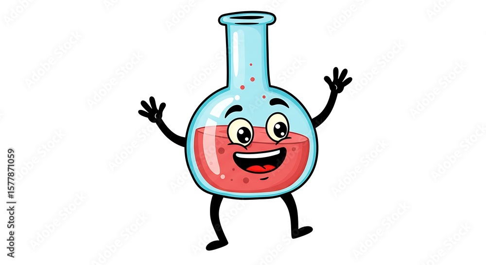 Obraz premium A character, a laboratory flask with legs and arms and a smiling face, in cartoon format