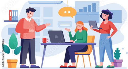 Diverse team collaborating on a project using technology in a modern office setting