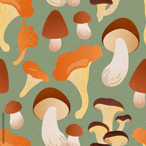 Square repeat pattern with various edible mushrooms in warm autumn colors. Seamless textured forest elements isolated on green background for wrapping paper, packaging, fall banner or rustic print