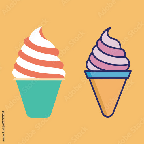 Two ice cream cones with swirled soft serve in teal cup and waffle cone on orange background