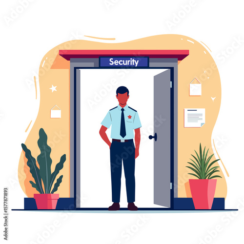 Security guard standing at door in modern office environment  
