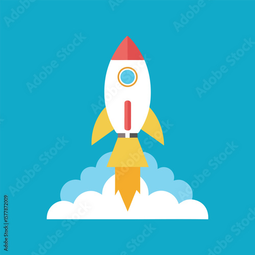 White rocket ship with red nose and yellow fins launching from white cloud on blue background