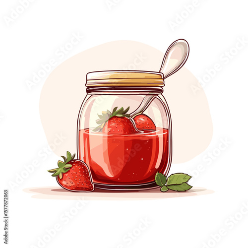 Jar of strawberry jam with fresh berries in colorful illustration