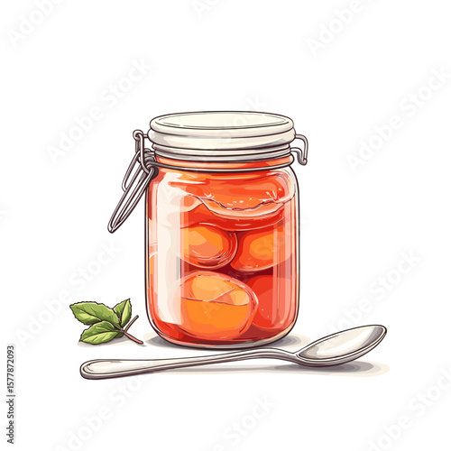  Jar of preserved peaches with spoon in colorful illustration