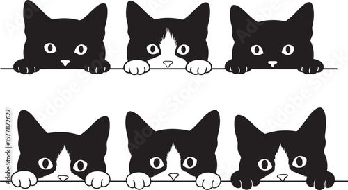 Six curious black and white cats peeking over edge silhouette