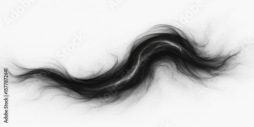 Smooth black smoke swirl on white background with elegant artful curves and clean space