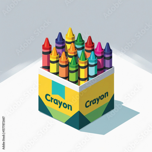 Yellow box filled with colorful crayons, including red, blue, green, and purple, isolated on white background, representing creativity and school supplies