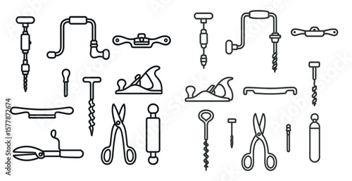 Collection of tools and implements, including a pair of scissors, a screwdriver, and a pair of pliers