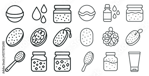 Set of icons for various personal care products, including a jar of lotion, a bottle of shampoo, and a cup of water
