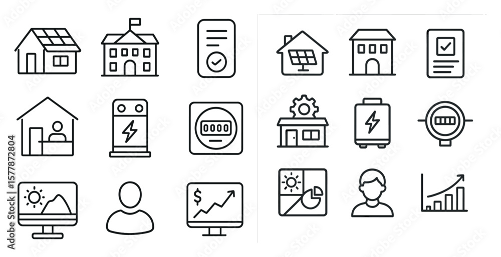Fototapeta premium Collection of icons that include a house, a school, a computer, a person, and a house with a sign that says 