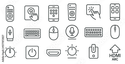 Set of icons for various electronic devices, including a remote control, a keyboard, a mouse, and a phone