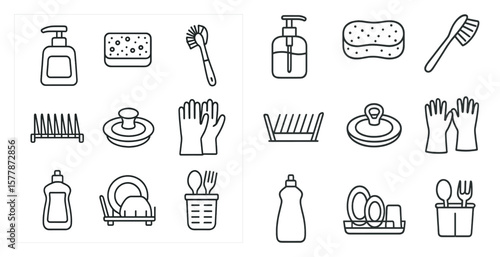 Set of white line drawings of various kitchen items, including a dishwasher, a sink, a sponge, a brush, and a bottle of dish soap