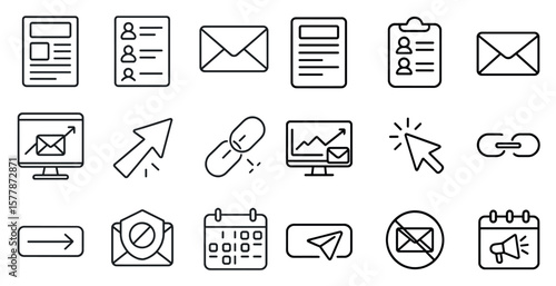 Set of icons for a computer program. The icons include a calendar, a computer monitor, a mouse, a keyboard, a trash can, a paper clip, a clipboard, a paper envelope, a letter, a computer mouse