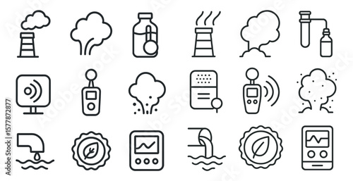 Series of icons depicting various scientific instruments and devices. The icons include a thermometer, a gas detector, a water meter, and a device that measures air quality