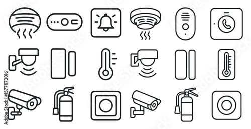 Collection of icons for security and safety devices. The icons include a fire alarm, a security camera, a fire extinguisher, a smoke detector, and a security system