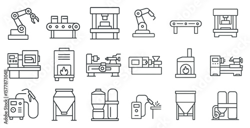 Series of industrial machines and equipment are shown in a line. The machines include a lathe, a milling machine, a drill press, and a lathe. Concept of industry and manufacturing