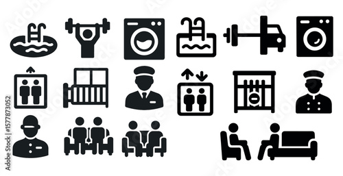 Collection of icons for a hotel, including a pool, a gym, a laundry room, and a lounge