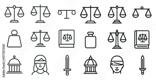 Set of black and white icons for the law, including scales of justice, a gavel, a book, and a sword