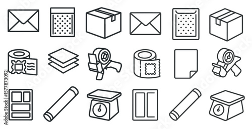 Collection of various items such as boxes, envelopes, and tape. The items are arranged in a line and appear to be related to mailing or shipping