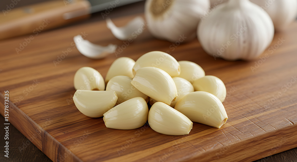 Fresh garlic cloves on a wooden cutting board ready for cooking Fresh garlic cloves on a wooden cutting board ready for cooking