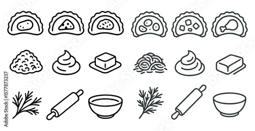 Series of food items are shown in a line drawing style. The items include a bowl, a rolling pin, a spoon, and a knife. Concept of cooking and preparing food